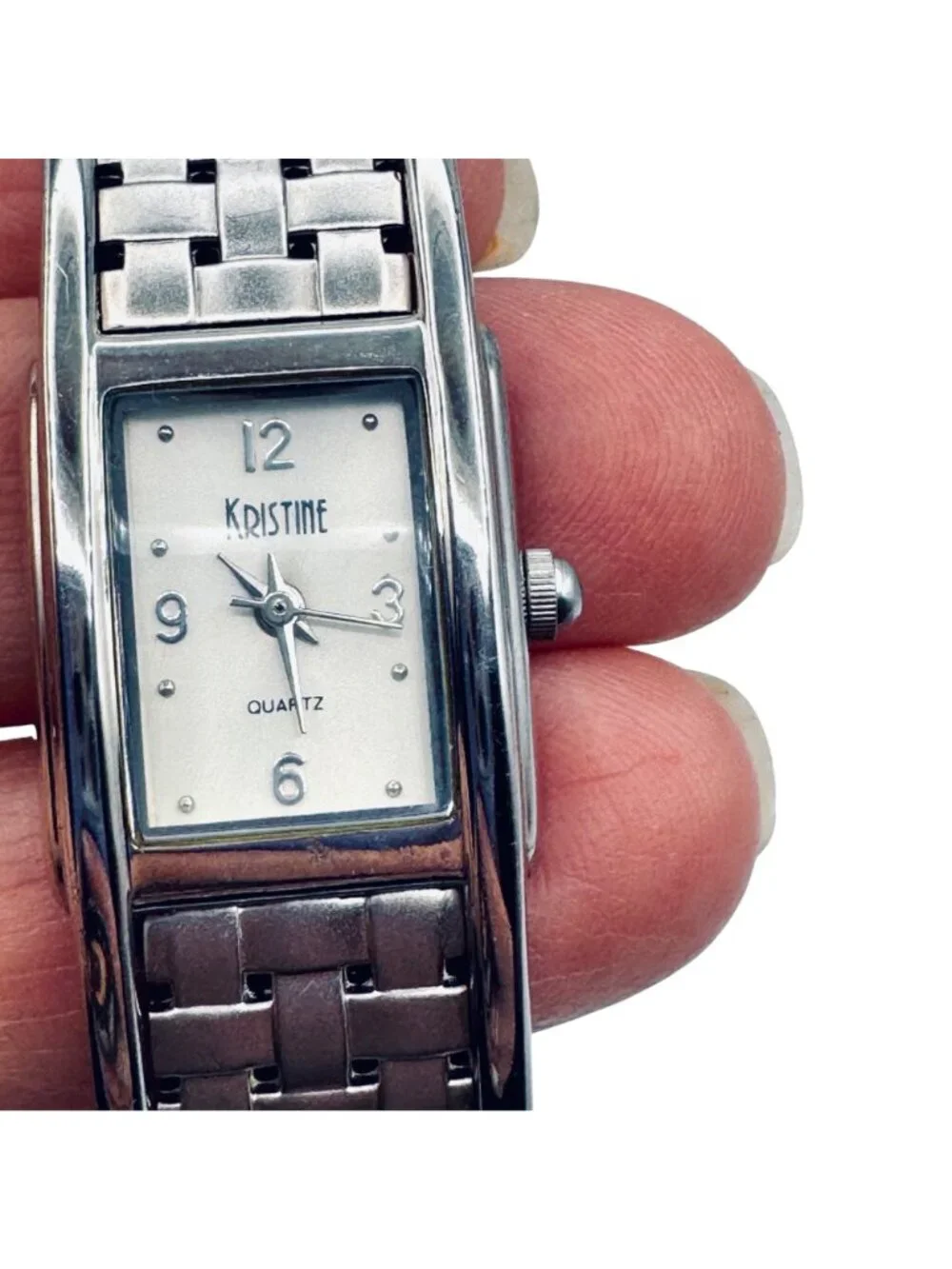 Vintage Kristine Cuff Bracelet Watch Basket Weave Silver Quartz Classic 1980s - Picture 4 of 7